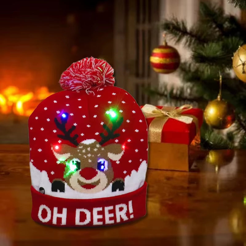 LED Christmas Hat Light up Knitted Colorful Lights Elk Ugly Hat Unisex Winter Sweater Beanie New Year Holiday Decor