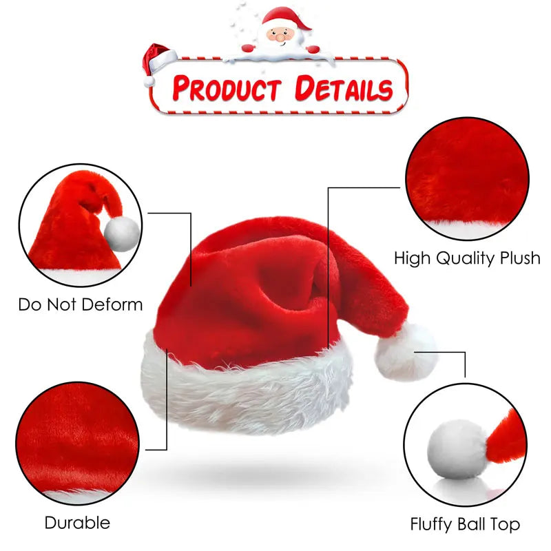 Christmas Santa Hat Xmas Long Plush Holiday Red Hat for Adults and Kids Unisex 2024 New Year Festive Party Supplies Gifts